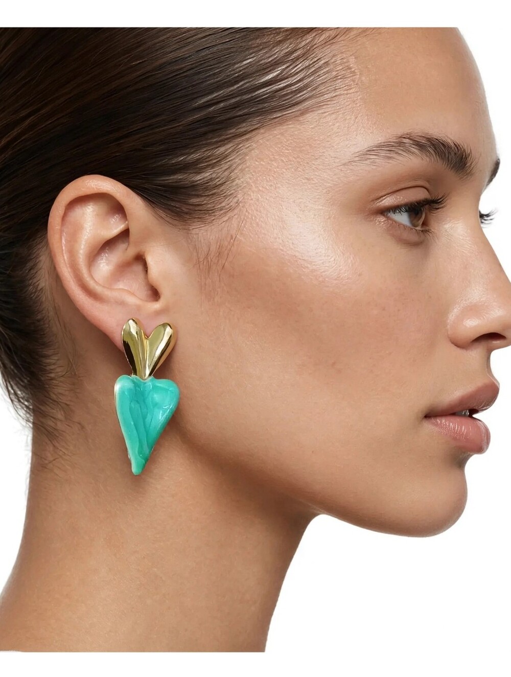 Vintage Gold Turquoise Puffy Heart Enamel Drop Earrings 1.5" Statement